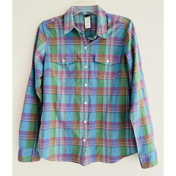 Patagonia | Women's Blue Roll Tab Sleeves Stripe Button Front Plaid Shirt - Picture 1 of 10